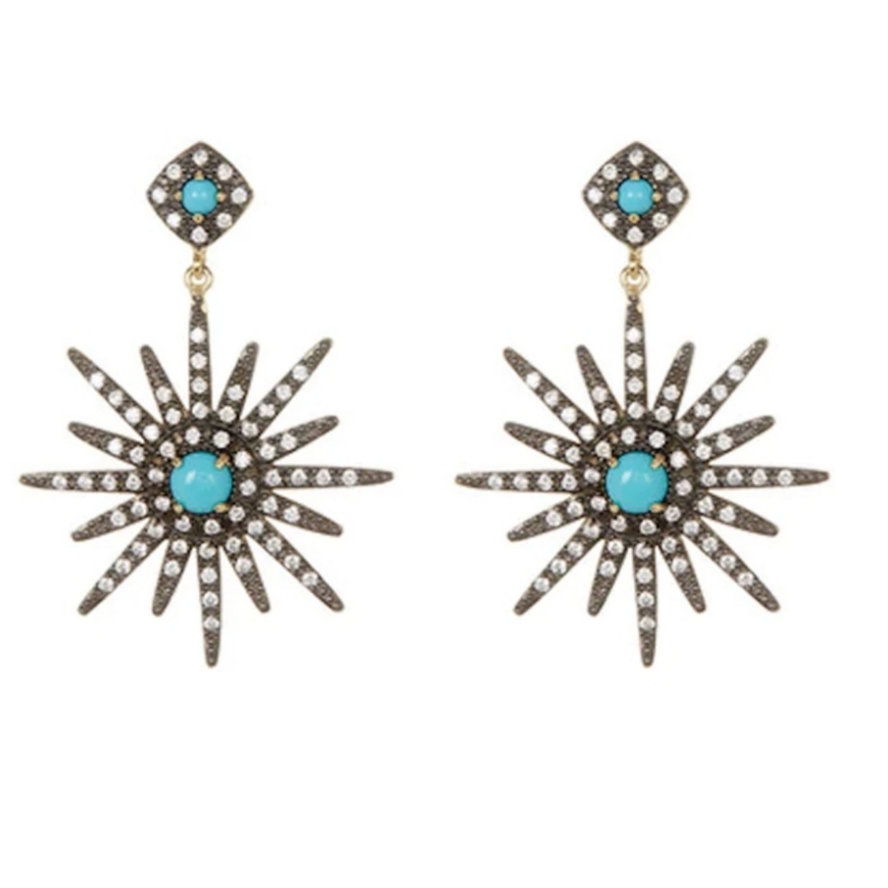 14 Karat Gold Cabochon Turquoise Swarovski  Sunburst Starburst Gunmetal Earings